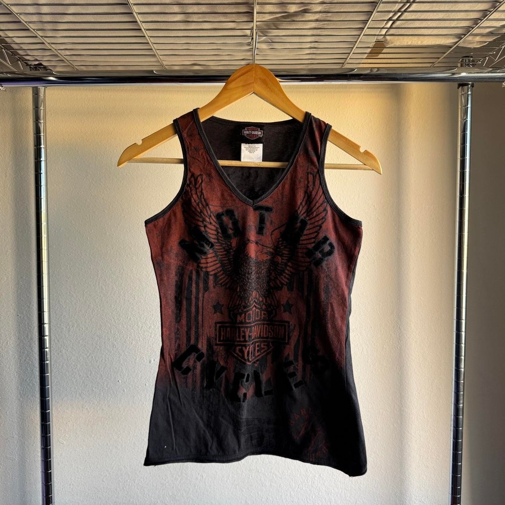Harley Davidson Pocono Mountain Eagle Graphic V Neck Burnout Tank Top XS Black